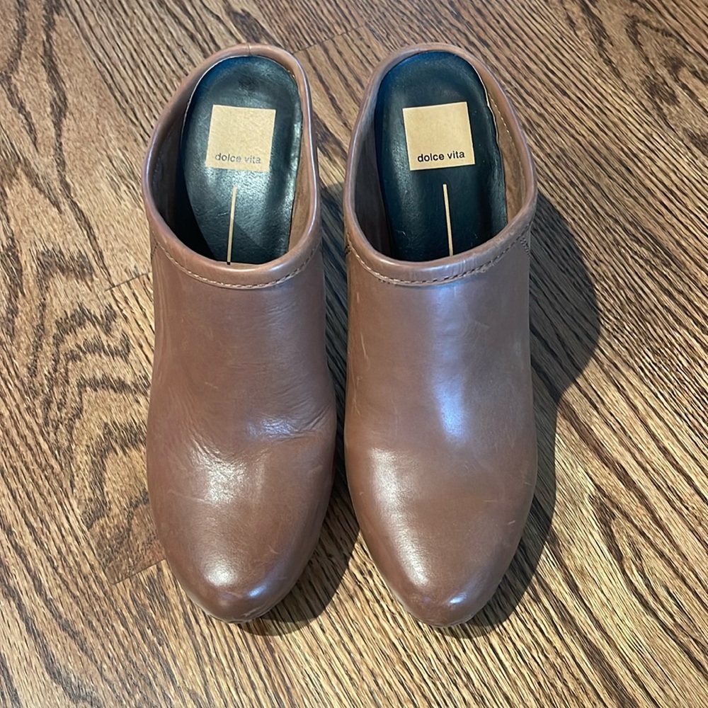 Dolce Vita Brown Leather Clogs with wooden heel - size 10 womens - 4.5 inch heel